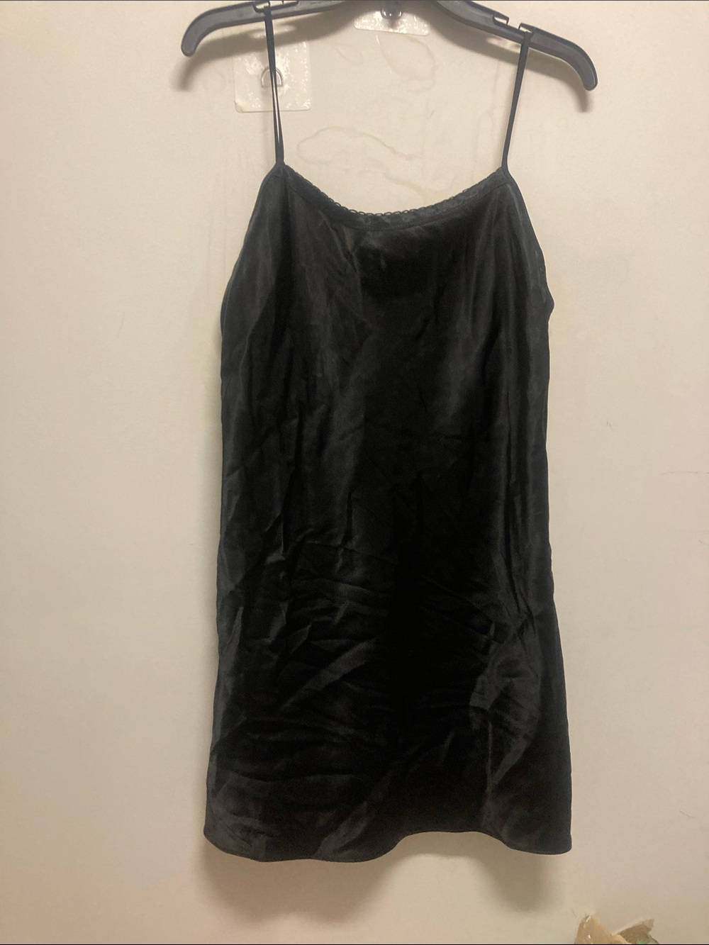 CRUZ/ Classic Black Satin Slip Chemise with Spaghetti Straps